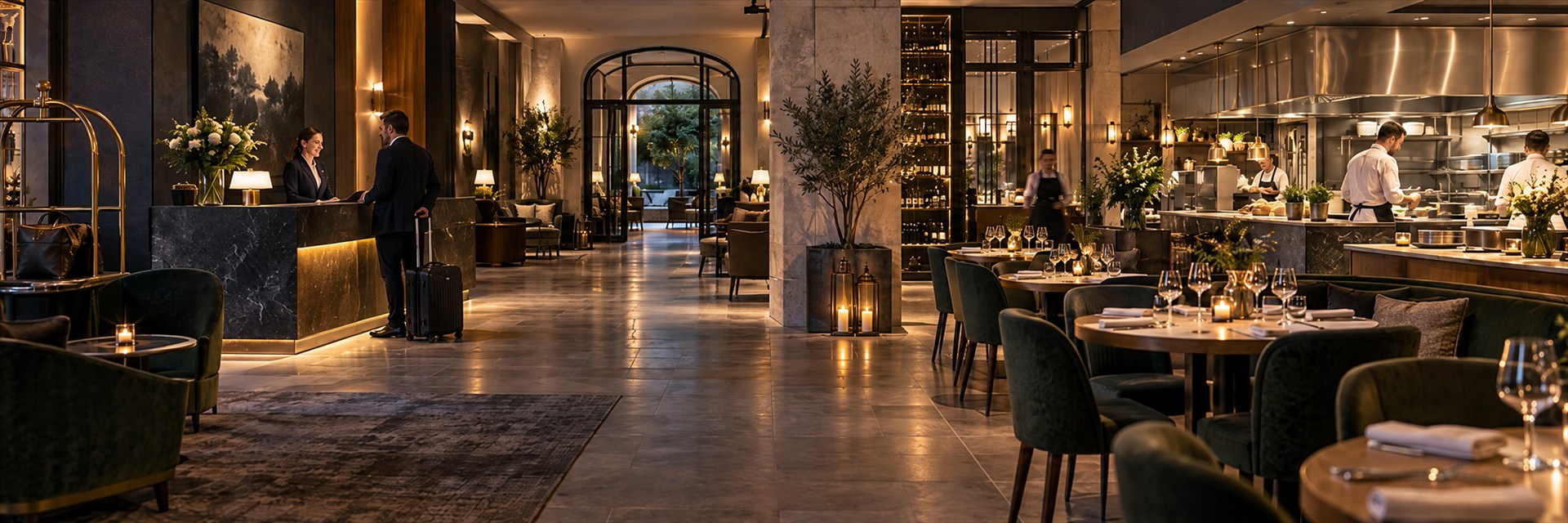 Réception d’hôtel ouverte sur une salle de restaurant et une cuisine professionnelle
